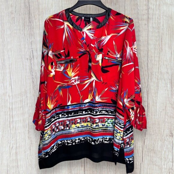 RAFAELLA Red Tropical Bird In Paradise Faux Leather Trim Tunic Blouse Top 2X - Picture 2 of 4